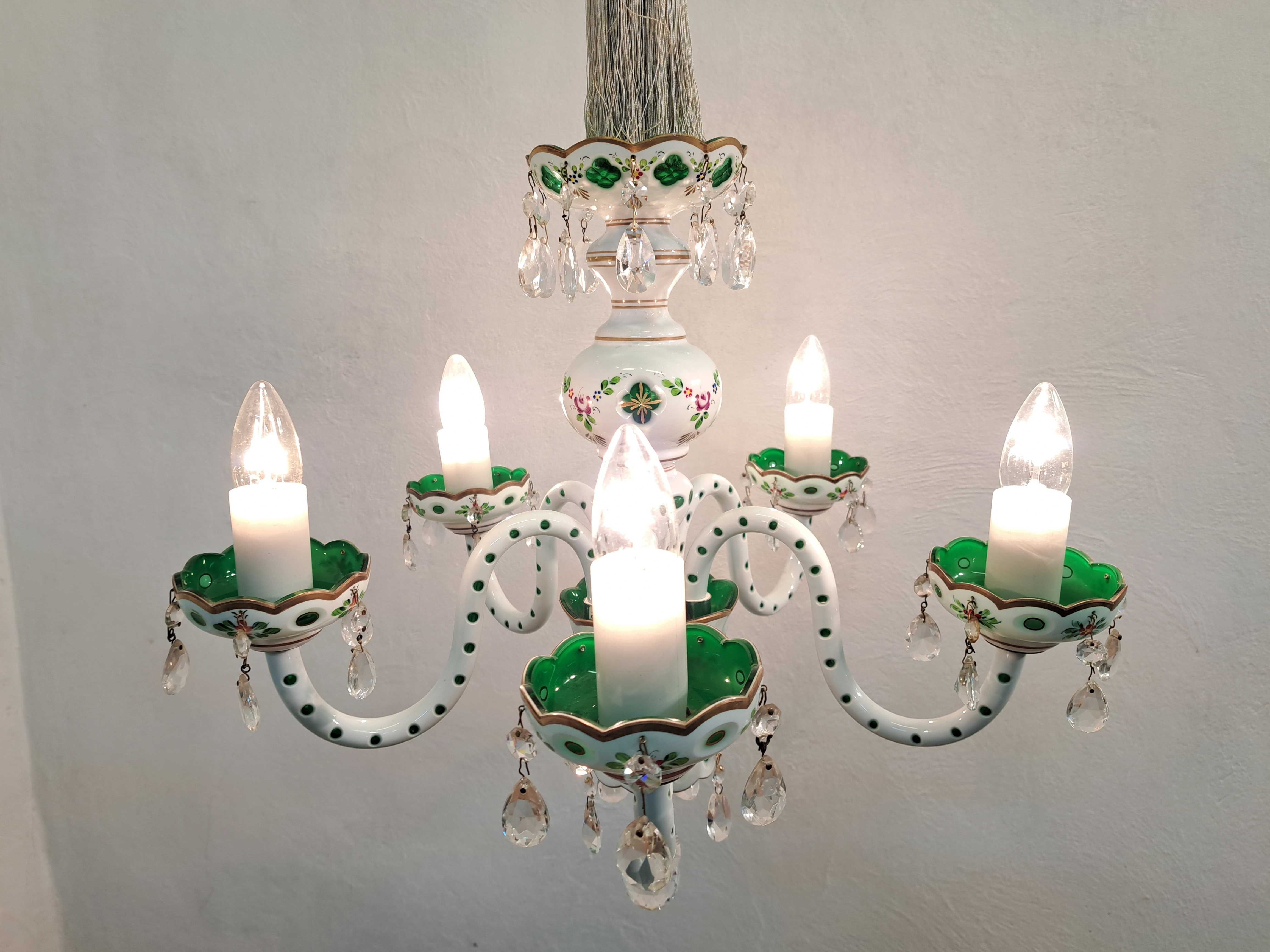 Żyrandol szklany Kamenicky Senov białe zielone cięte szkło kryształki