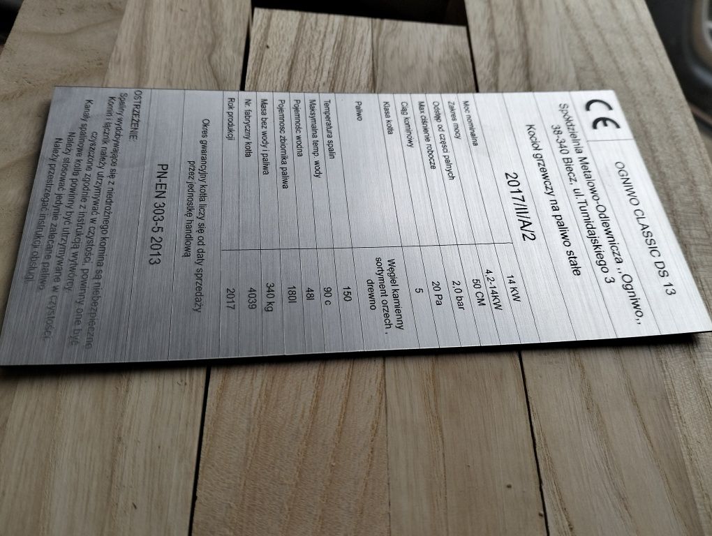 Tabliczka znamionowa piec klasa 5