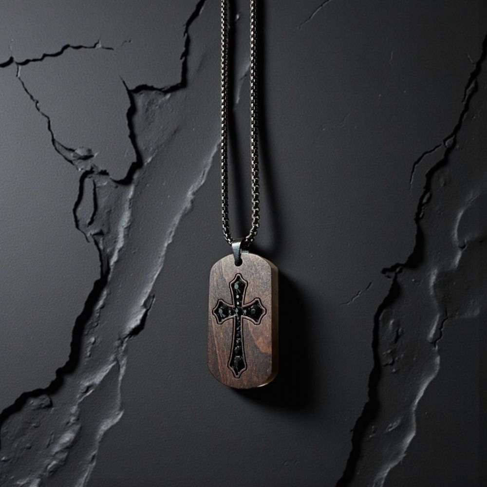 Drewniany nieśmiertelnik z krzyżem i czarnymi kryształkami – handmade
