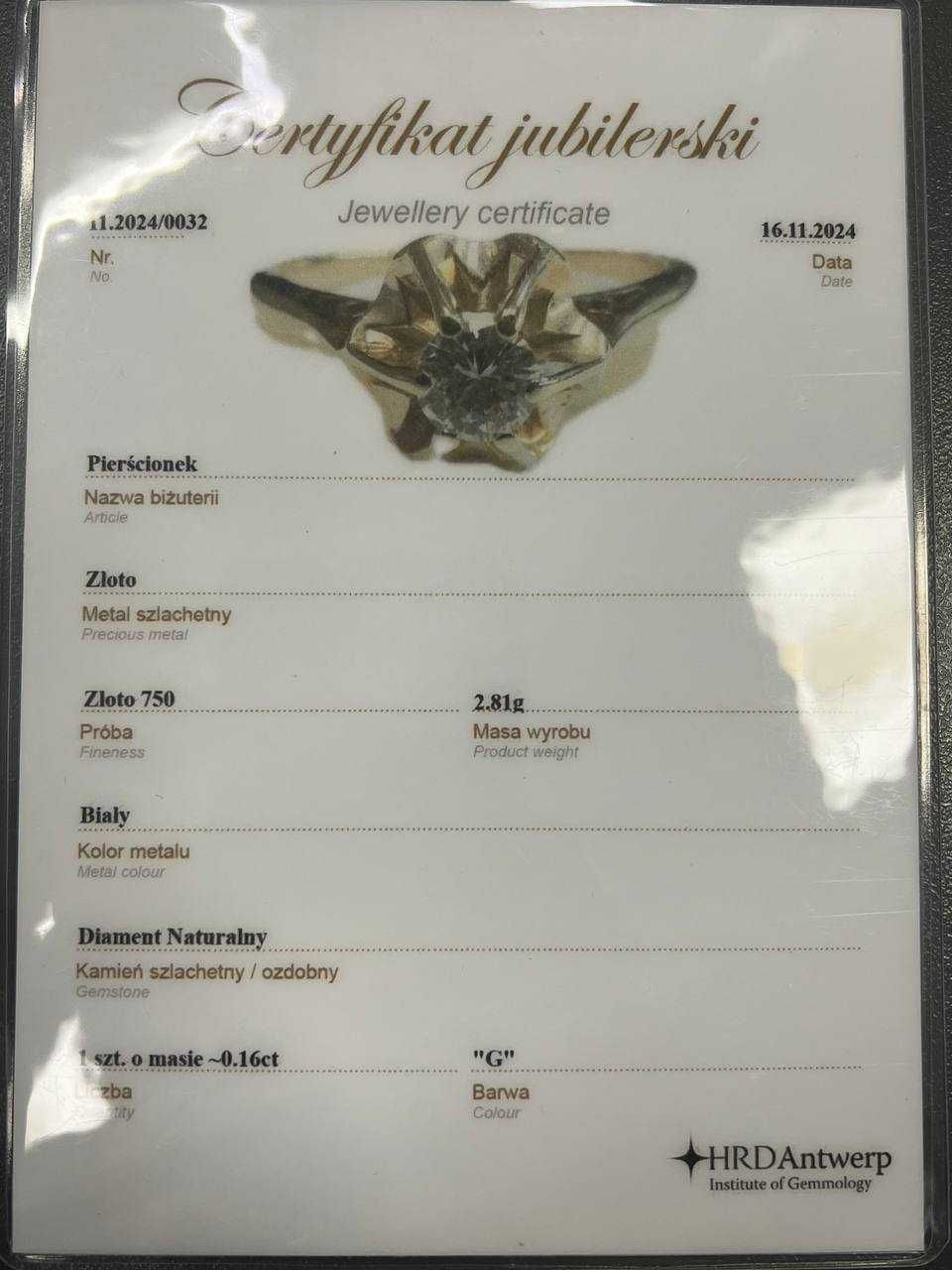 Złoty pierścionek z brylantem 0.16 ct