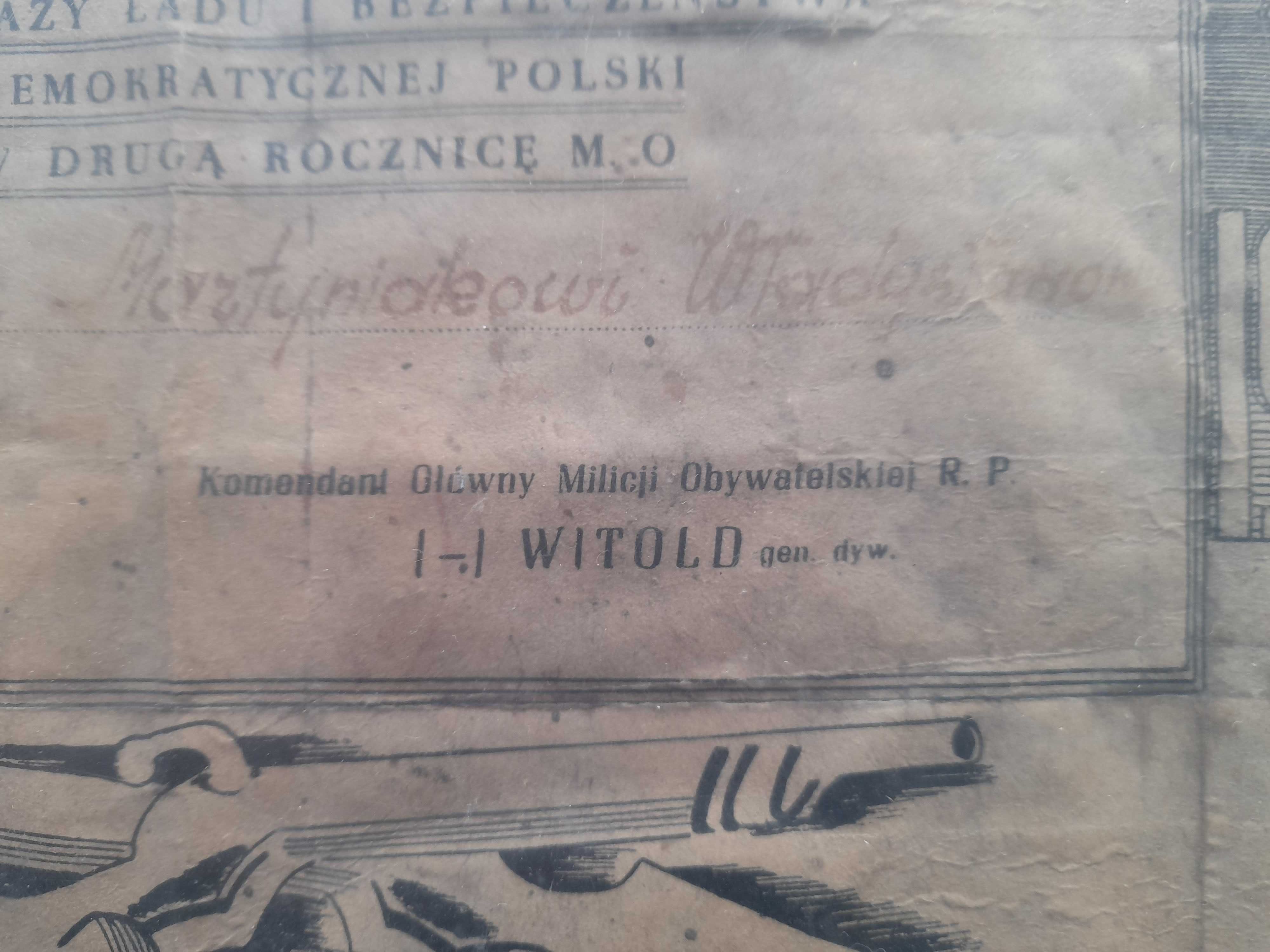 Mo milicja 1946 dyplom KGMO RP zamiast PRL ps. Witold. Oryginalny