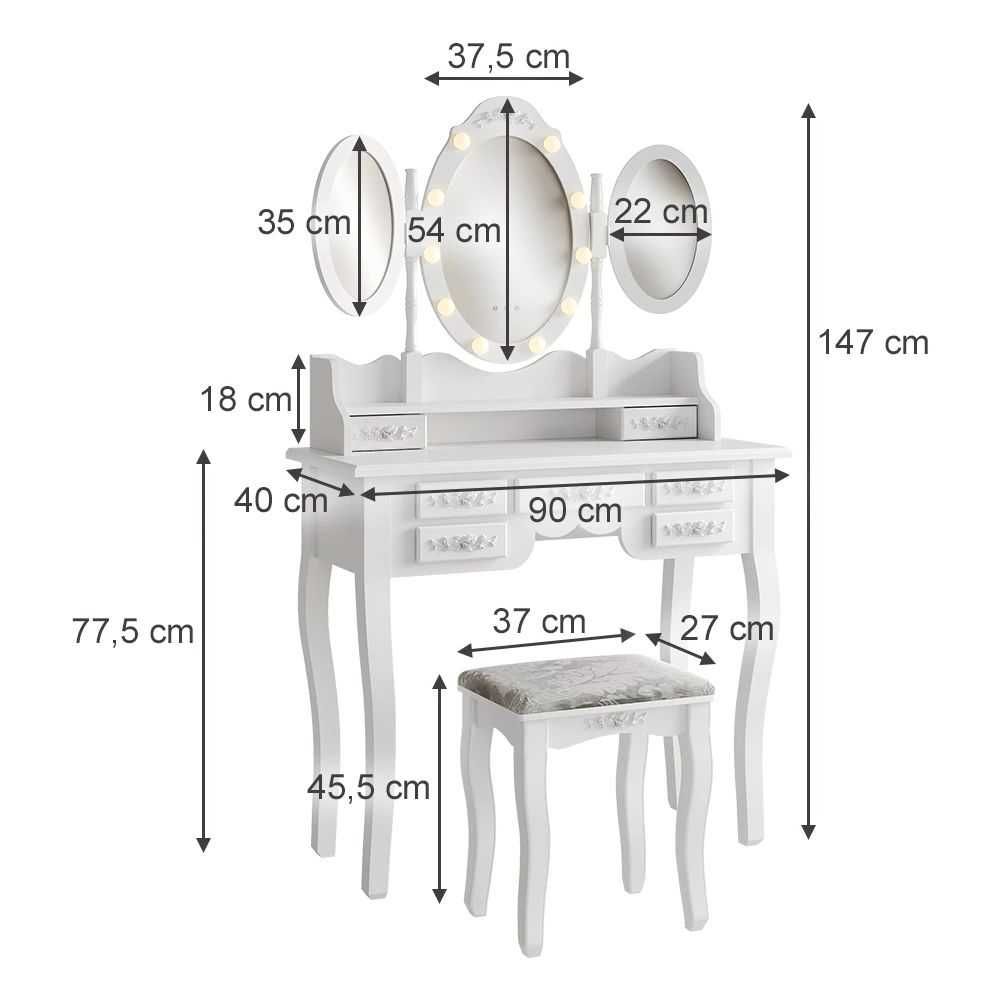 Vicco Stół do toalety Biały 90 cm z oświetleniem i stołkiem, Diana