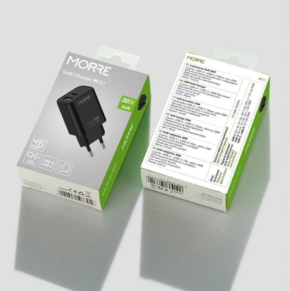 MORRE M301 GaN 30W — зарядка USB-C + USB-A (PD/PPS)