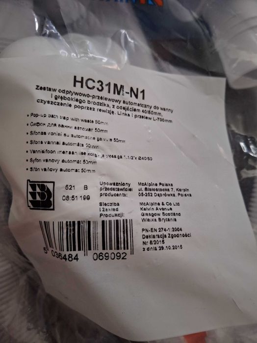 Zestaw odpływowo przelewowy automatyczny do wanny i głębokiego brodzik