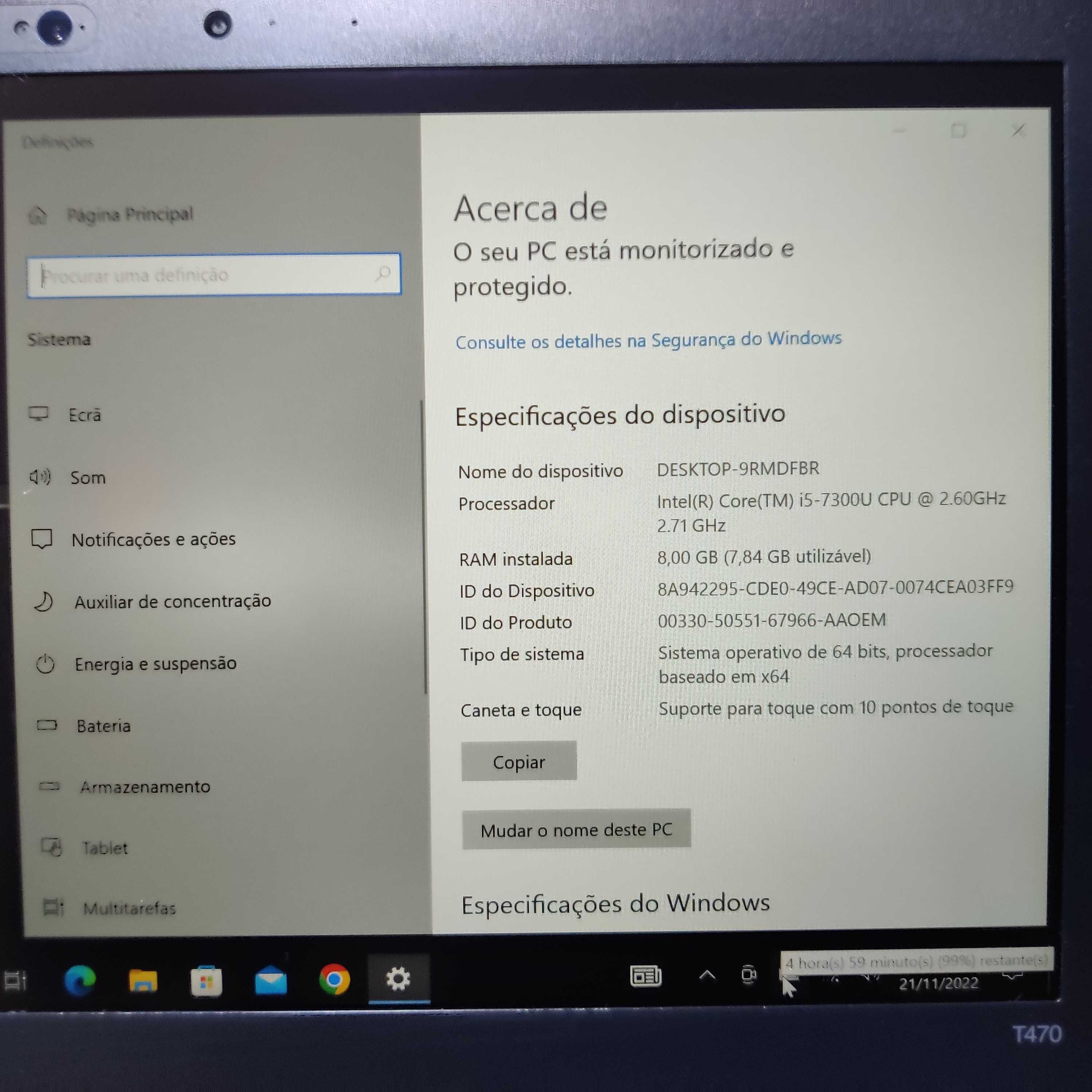 Portátil LENOVO THINKPAD T470 touchpanel i5-7300u 256GB SSD 8gb raM