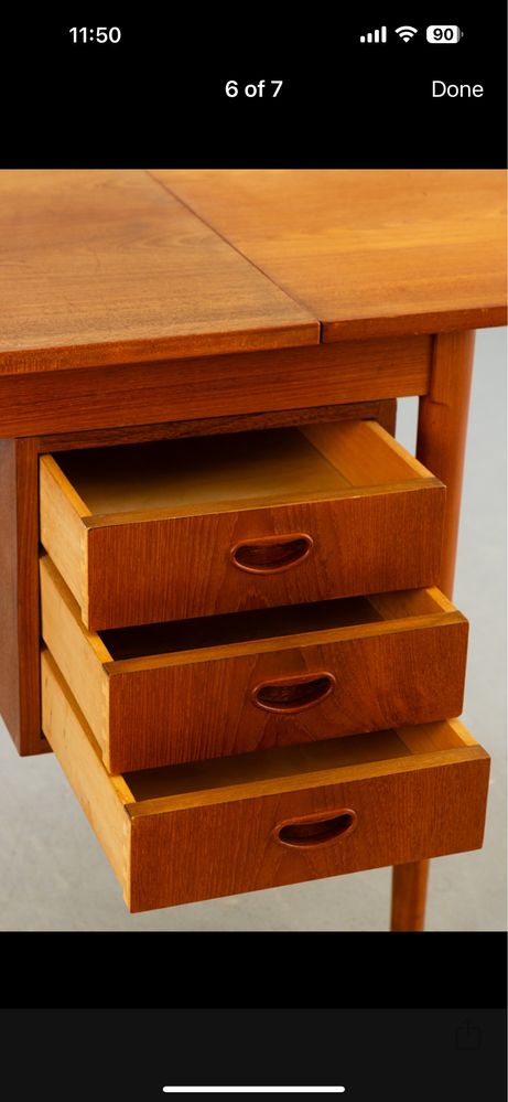 Klasyczne duńskie biurko tekowe, rozkładane - przesuwane szuflady XX w