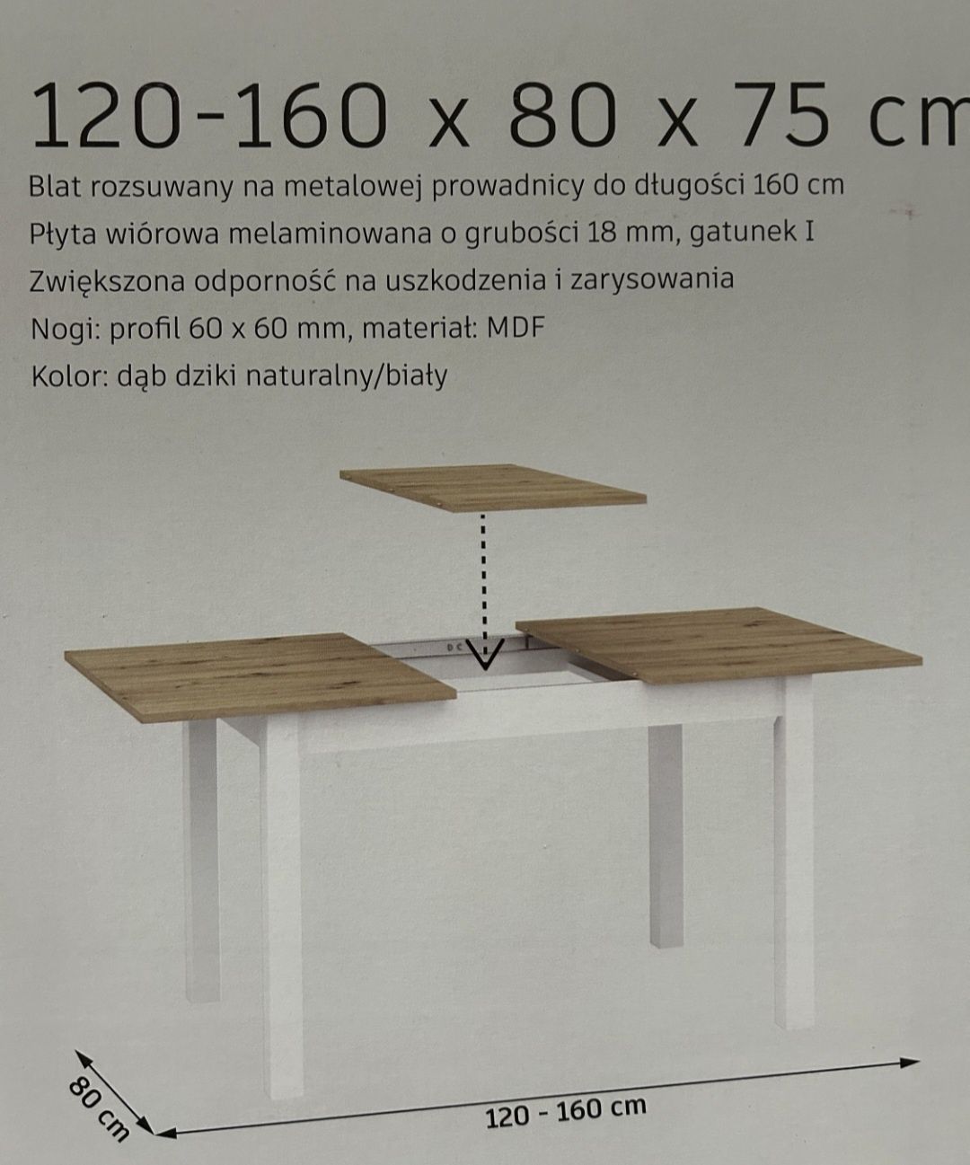 Stół rozkładany skandynawski nowy 120-160 x 80 x 75 cm biały drewnopod