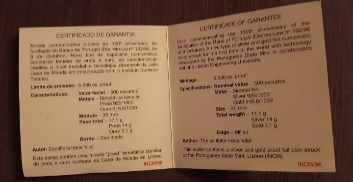 Moeda de 500 escudos bimetálica lamelar em prata 925 e ouro 22 KT