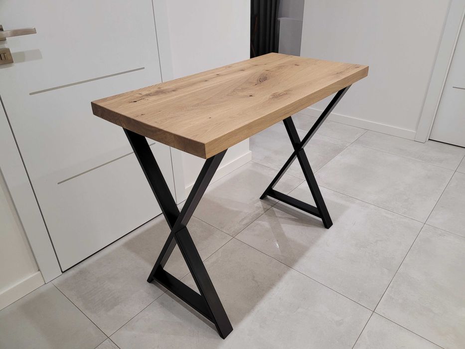 Stolik / konsola dębowa, czarne metalowe nogi - nowy