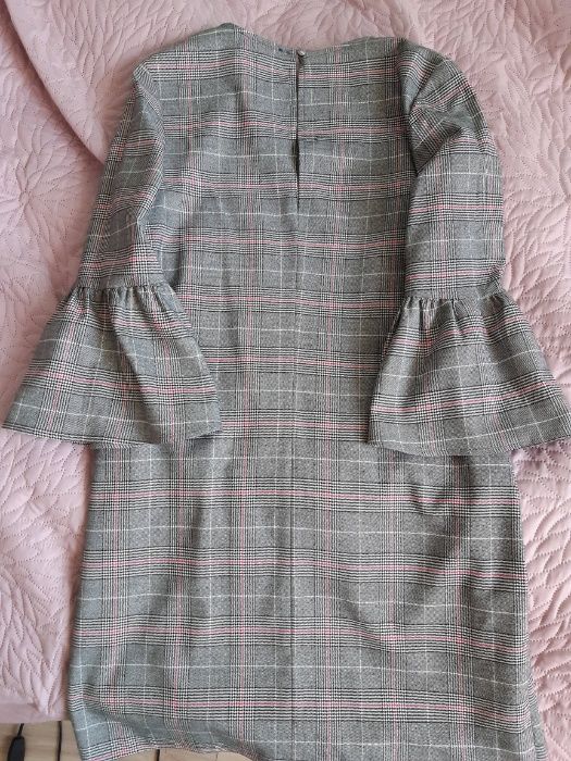 Tunika sukienka w kratę, szara, do biura, do pracy