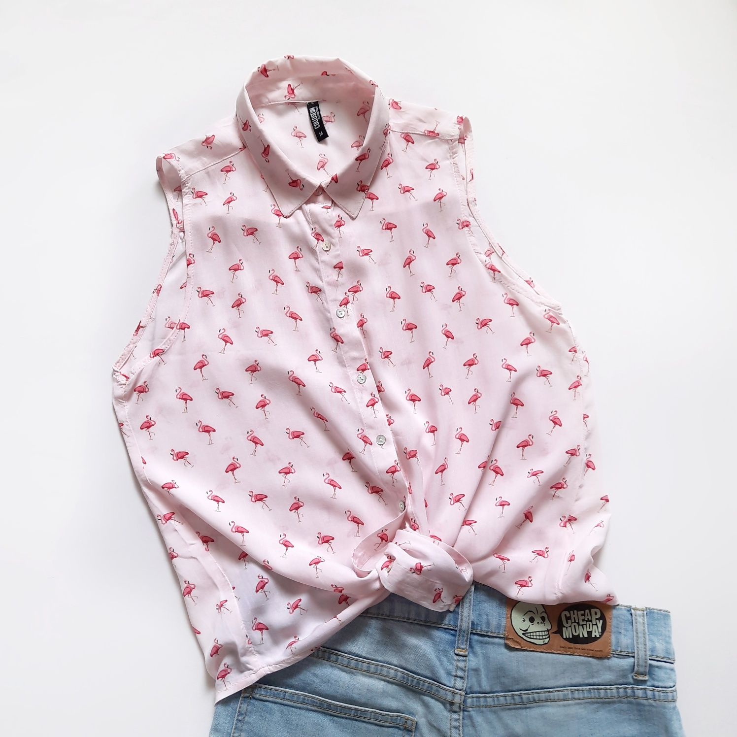 Летняя розовая блузка рубашка с фламинго (М)