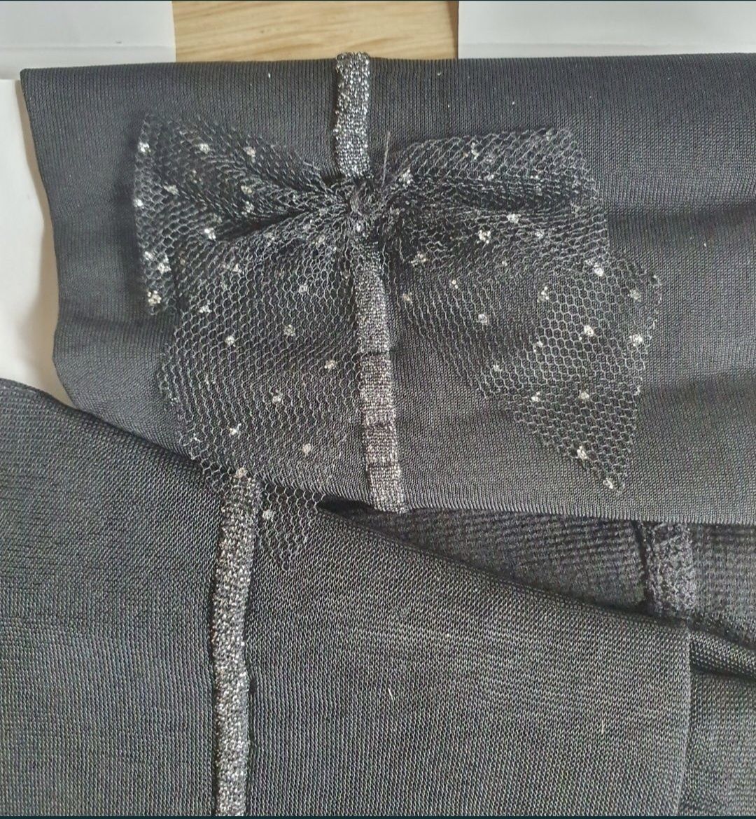 Rajstopy Calzedonia m/l czarne srebrne szew z kokardkami shiny legs 30