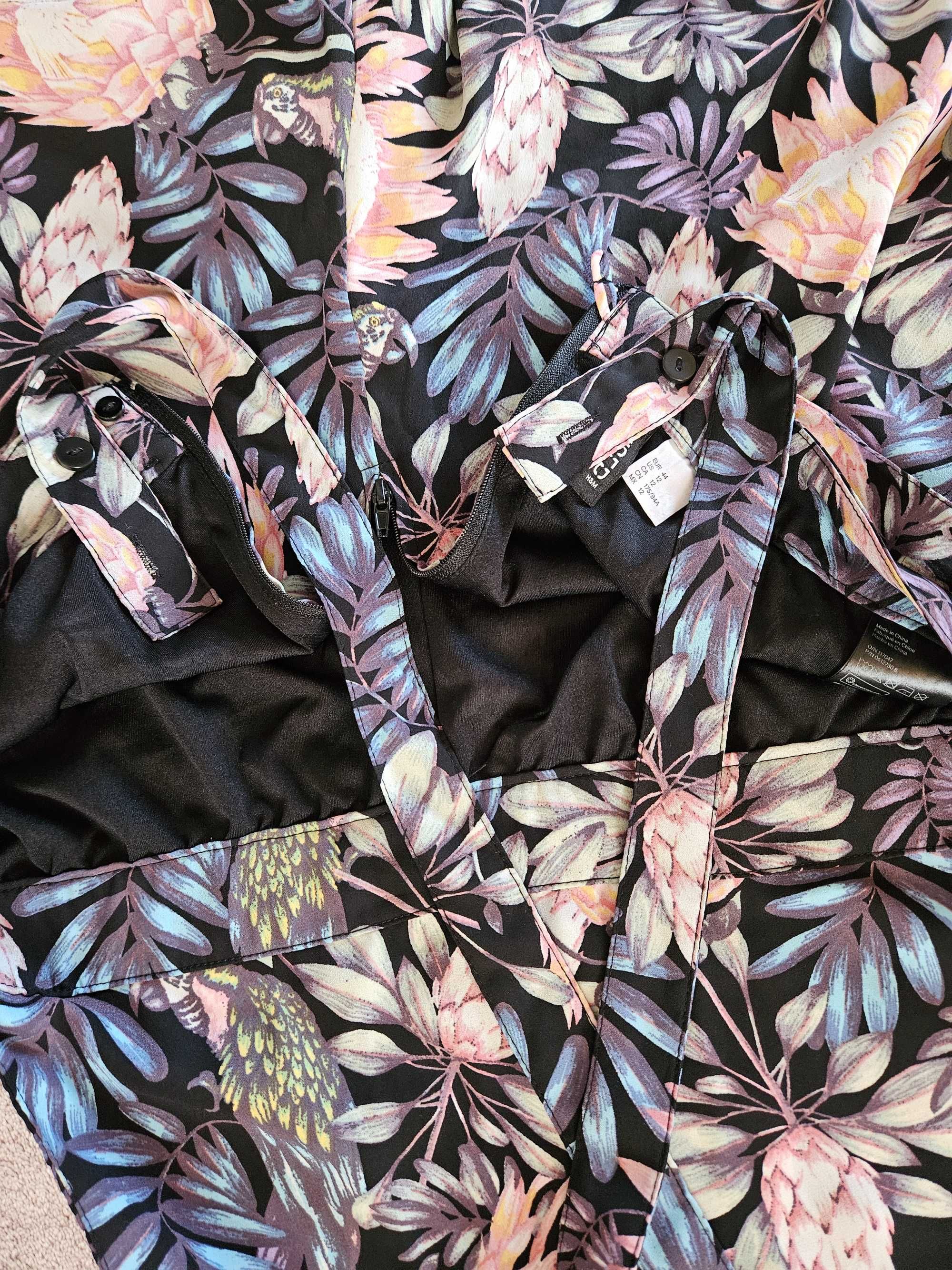 Czarne ogrodniczki w kolorowe kwiaty h&m rozmiar 44 XXL