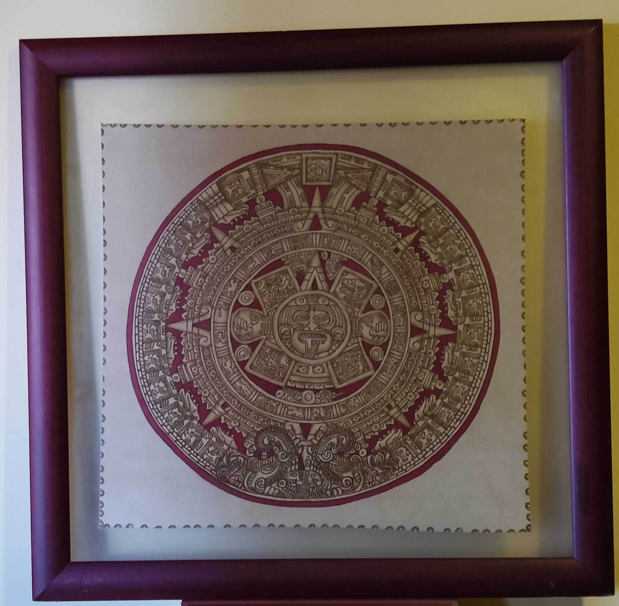 2 Quadros com gravuras Aztecas gravadas em pele – 25 € cada quadro