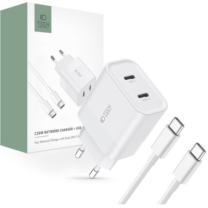 Ładowarka sieciowa Tech-Protect C20W 2-Port PD20W + Kabel USB-C 100cm