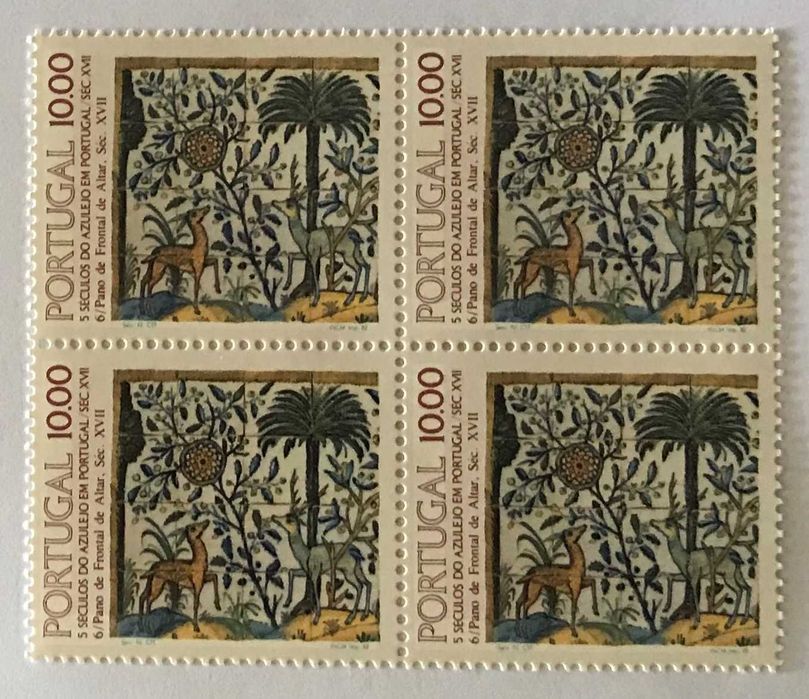 Quadra de selos novos de 10$00 - 5 séculos do Azulejo em Portugal-1982