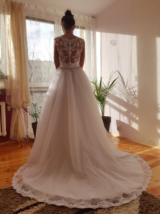 Suknia ślubna Vanilla Sposa r. 38,tren,biała ORGANTYNA, koronka