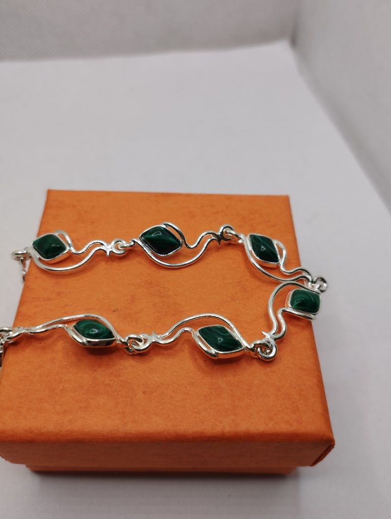 Srebrna bransoletka z malachitem, próba 925, długość 20-21 cm