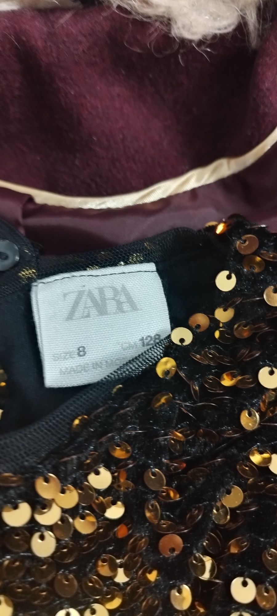 Zestaw Zara Next 122 128 płaszczyk sukienka złote cekiny kapelusz
