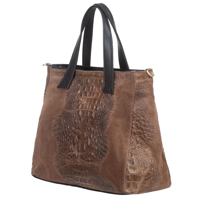 VERA PELLE torebka zamszowa shopper kroko z paskiem V543 granatowa