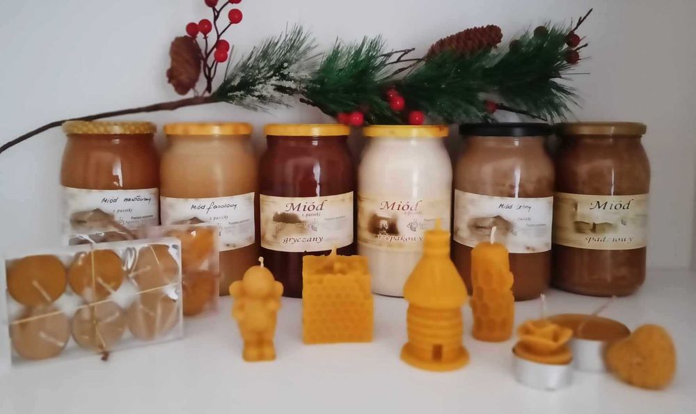 Miód, świece z wosku pszczelego, zestawy prezentowe