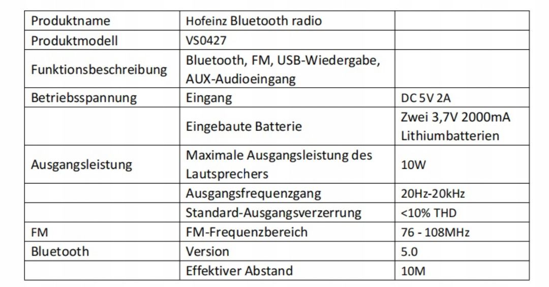 hofeinz mini radio Bluetooth VS0427