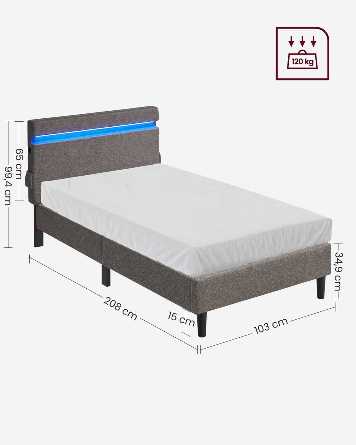 Rama łóżka z oświetleniem LED, złącze USB TYPE-C | 100x210