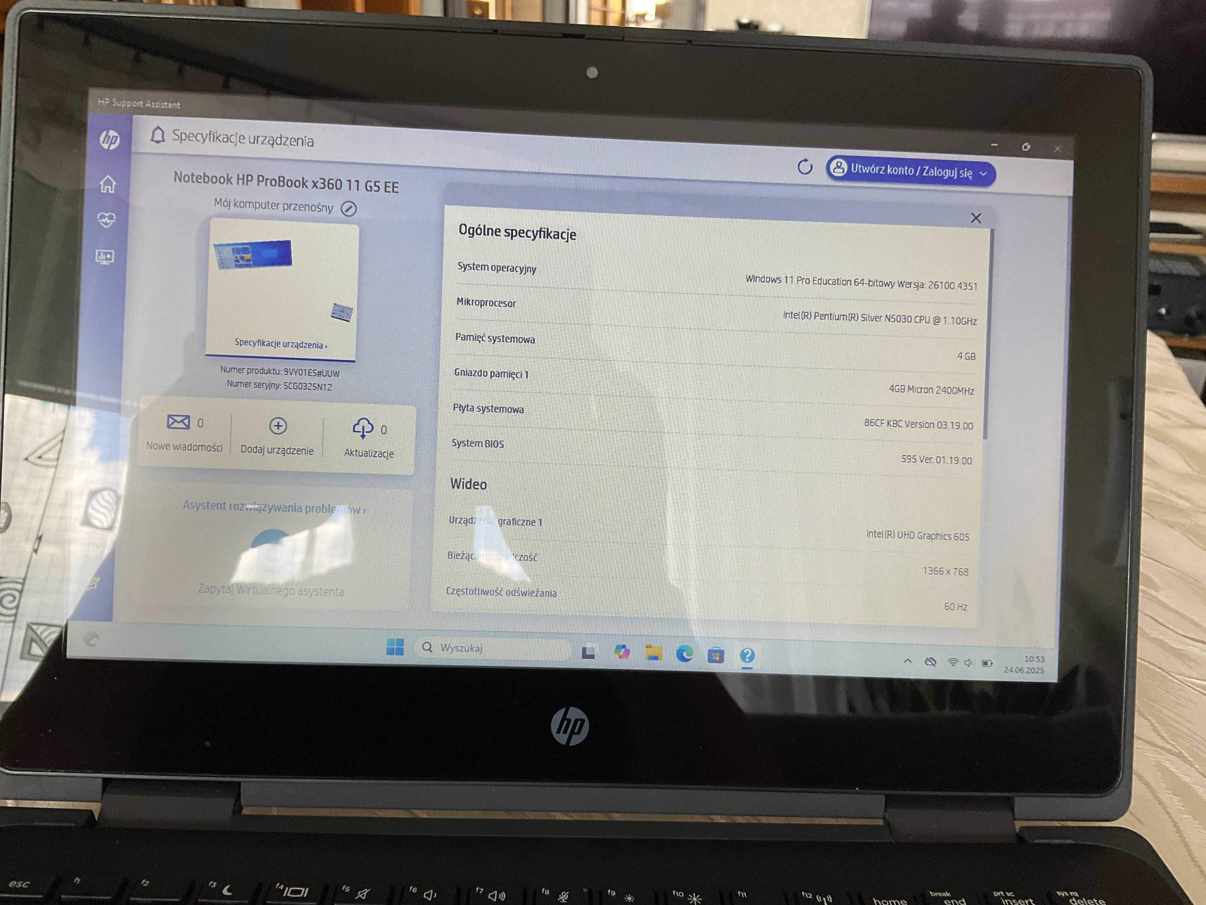 Laptop HP ProBook x360 11 G5 EE: RAM - 4GB, SSD - 128GB, Wind. 11 Pro.