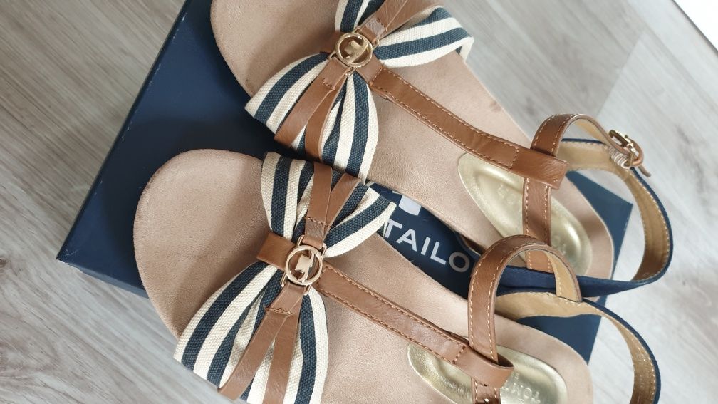 Buty sandały damskie skórzane oryginalne Tom Tailor roz 39 beż granat