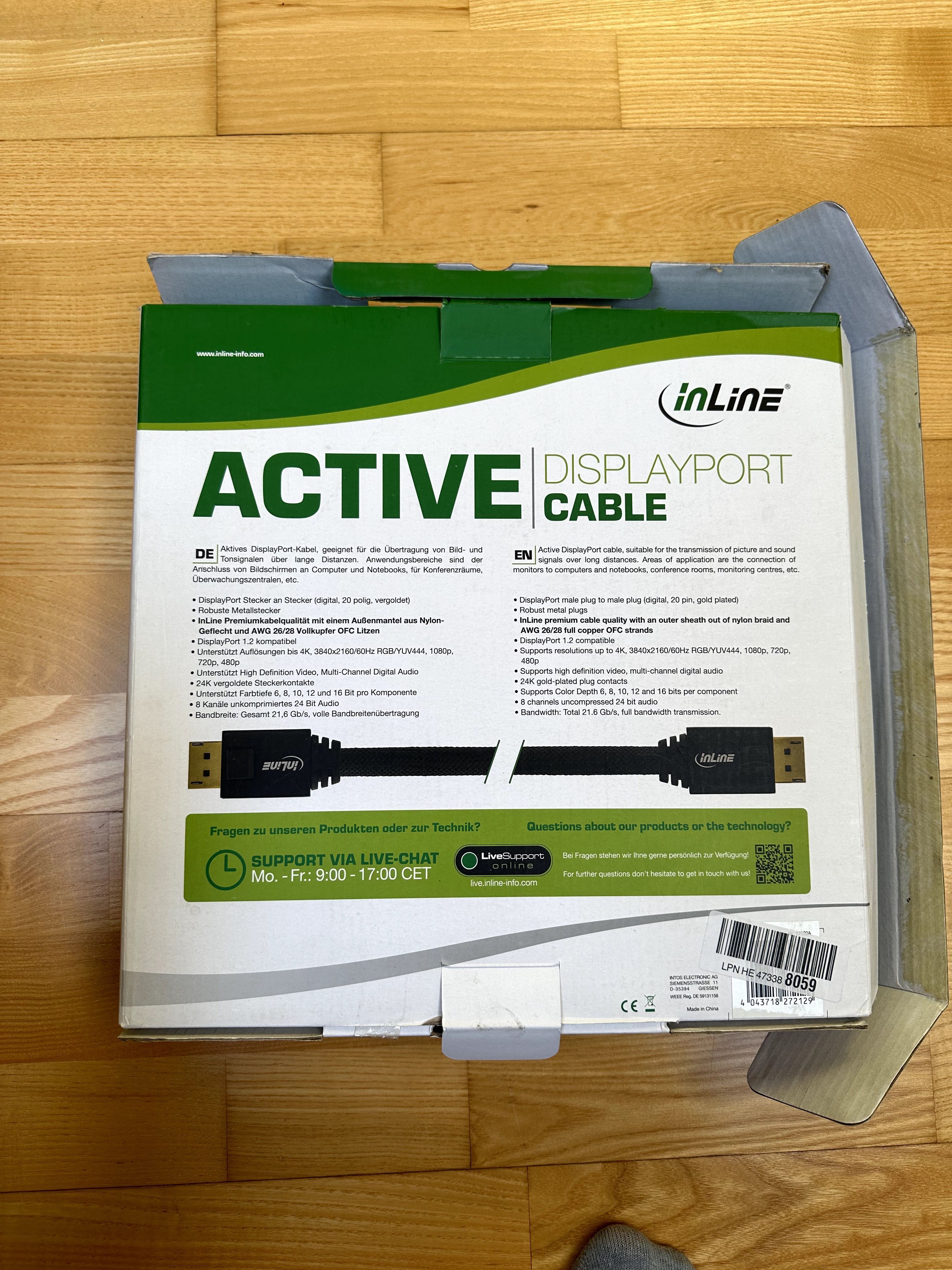 Inline Kabel DisplayPort 1.2 Aktywny 20m 4K 60Hz