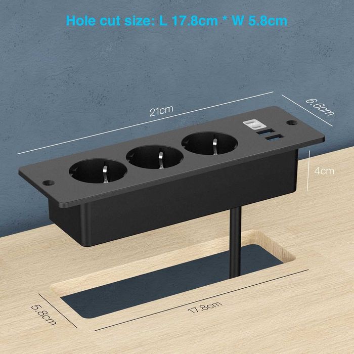 Listwa zasilająca z 3 gniazdami do zabudowy w blat. 2 port USB 2 Typ C