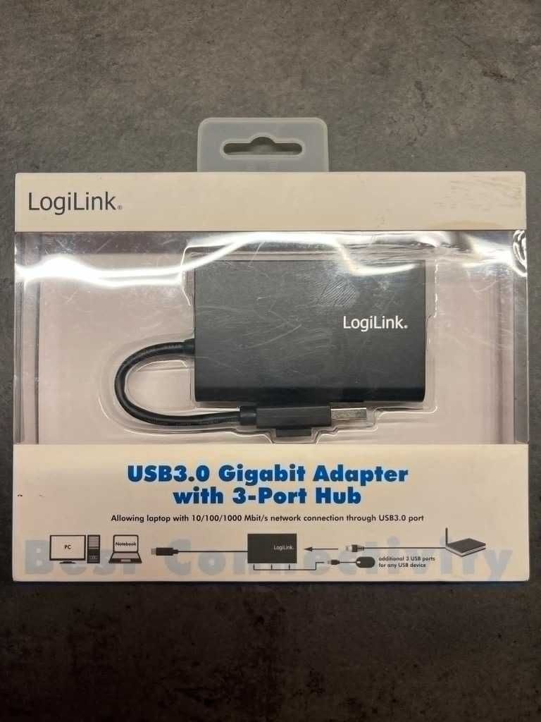 LogiLink USB 3.0 Gigabit Adapter z 3-Port Hub - Nowy!