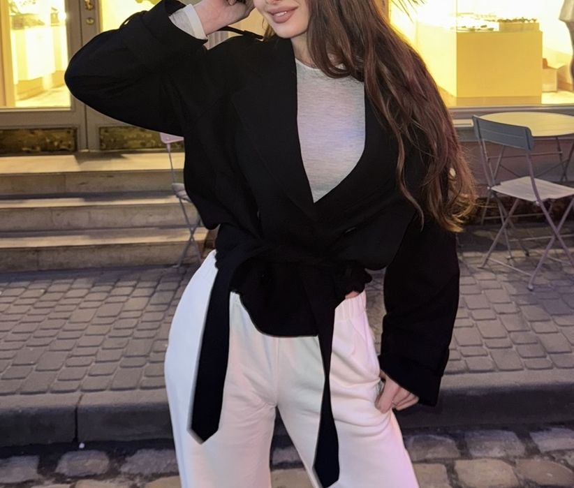 Пальто one by one, укорочене пальто з поясом one by one, пальто вовна