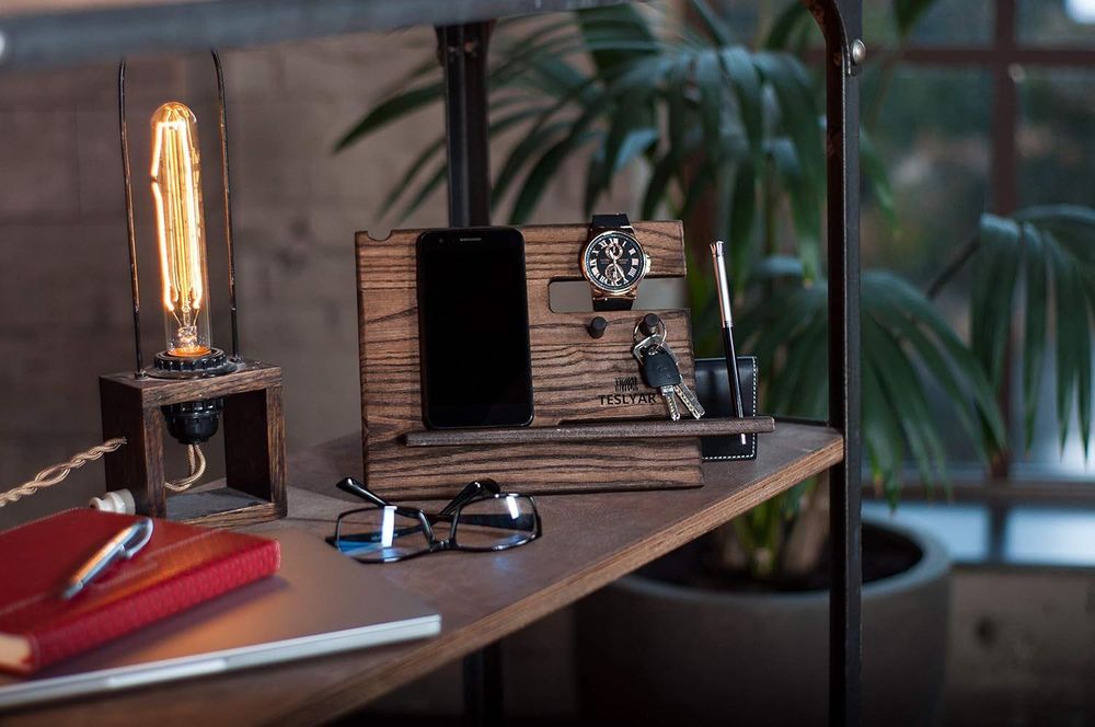 ORGANIZER biurko DREWNIANY stacja DOKUJĄCA STOJAK na telefon, prezent