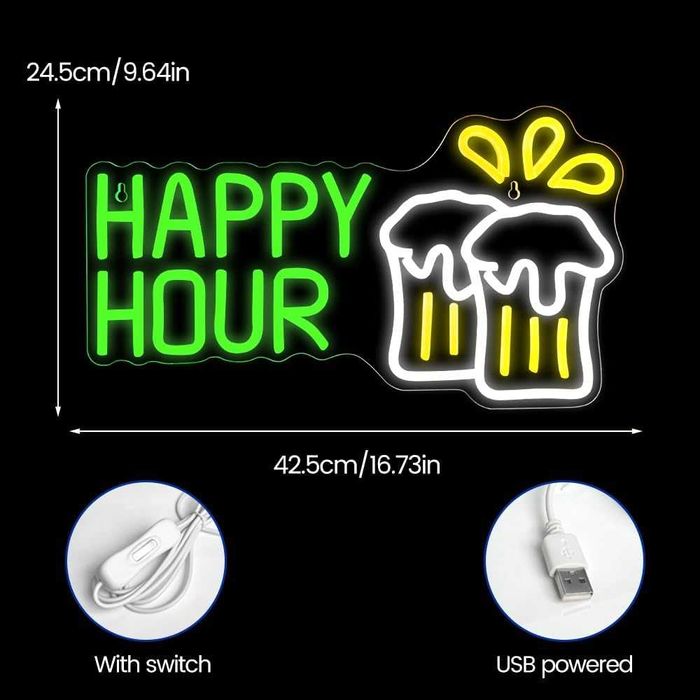 Sinal Luminoso Néon LED em Acrílico Happy Hour Cerveja/ Beer