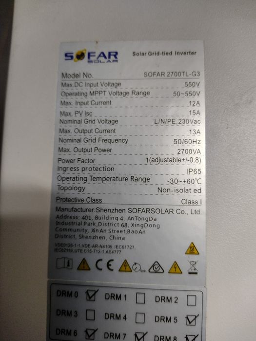 Inwerter,  falownik jednofazowy SOFAR 2700 TL-G3, 2,7 kW