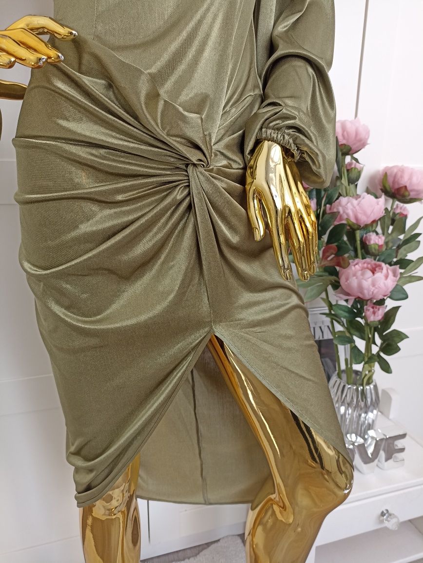 Asos Nowa satynowa sukienka khaki, rozcięcie na nodze  R. M
