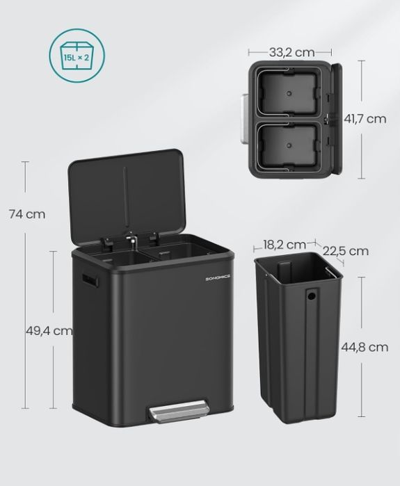 SONGMICS Kosz na śmieci, 2 x 15 l Podwójny kosz na śmieci LTB544B02