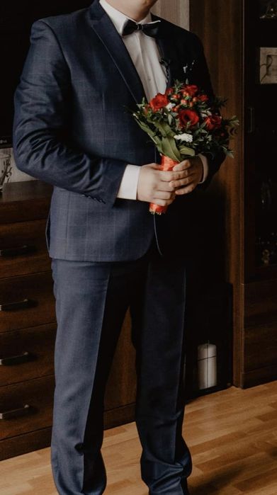 Granatowy garnitur kratka ślub wesele 56/182