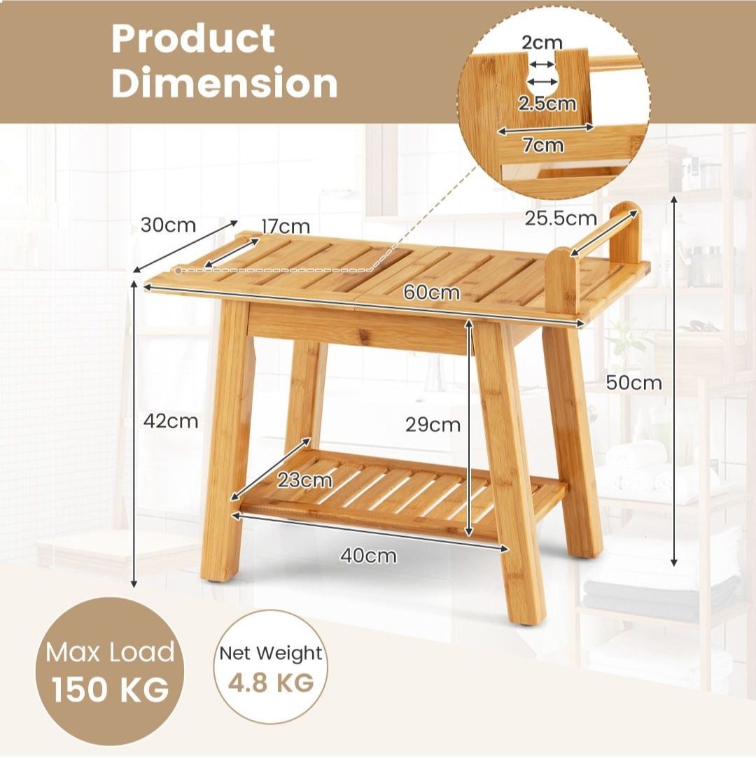 Bambusowa ławka prysznicowa z półką do przechowywania
