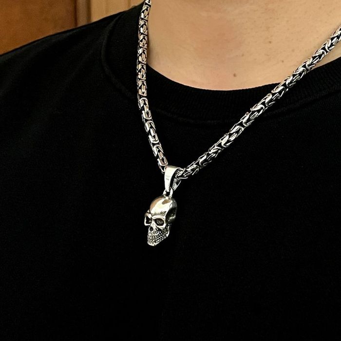 Srebrny Gruby Łańcuszek Splot Królewski + Zawieszka Czaszka / Czacha P