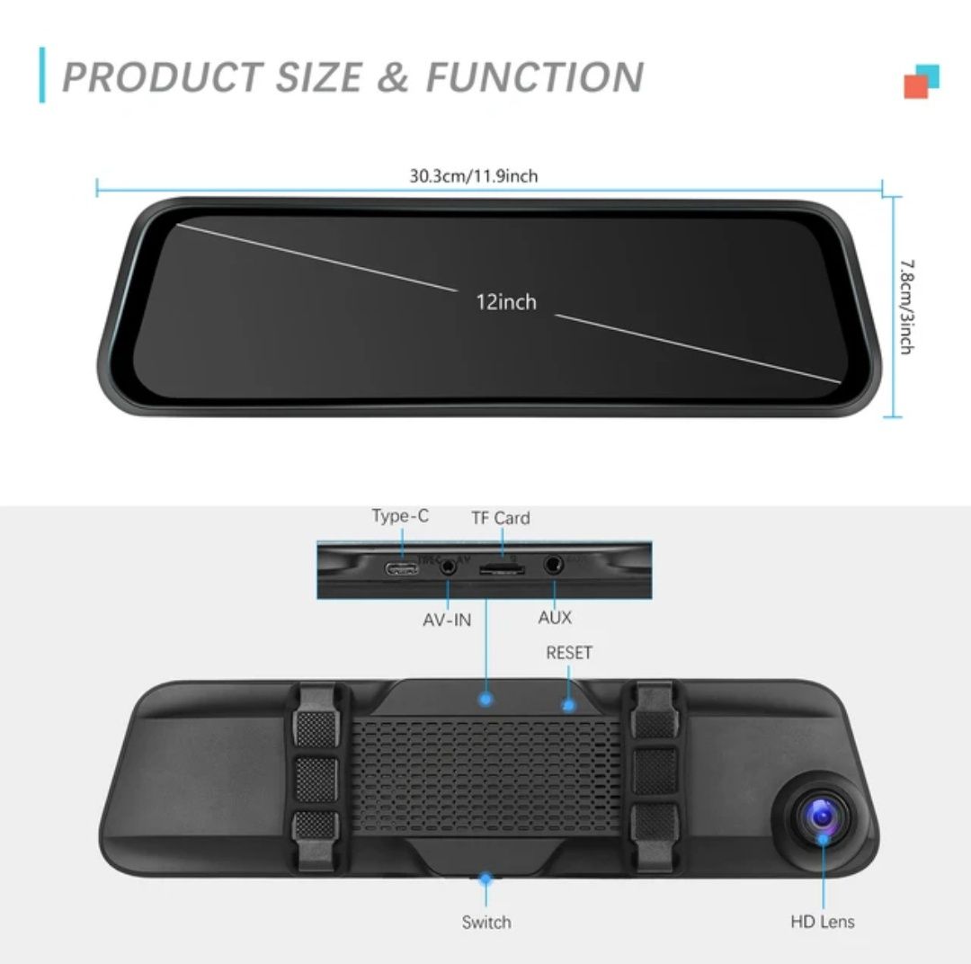 Espelho retrovisor 12 polegadas com Dashcam DVR 4K rádio FM Wi-Fi NOVO