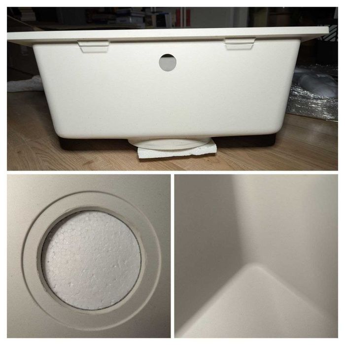 Біла мийка з гранітної крихти 53х45,5 + сифон (нижній/верхній монтаж)