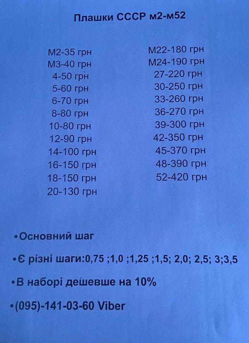 Плашки СССР м2-м52 СПИСОК
