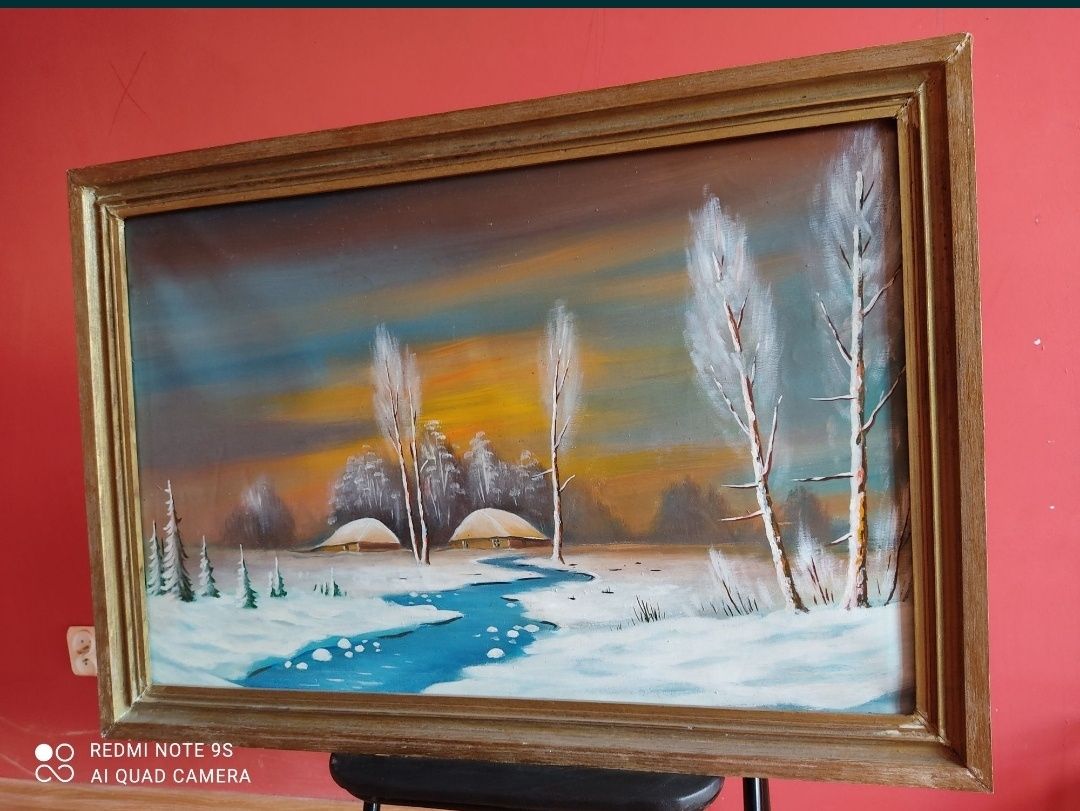 "Zimowy czas"-wspaniały, przedwojenny obraz olejny na płótnie!