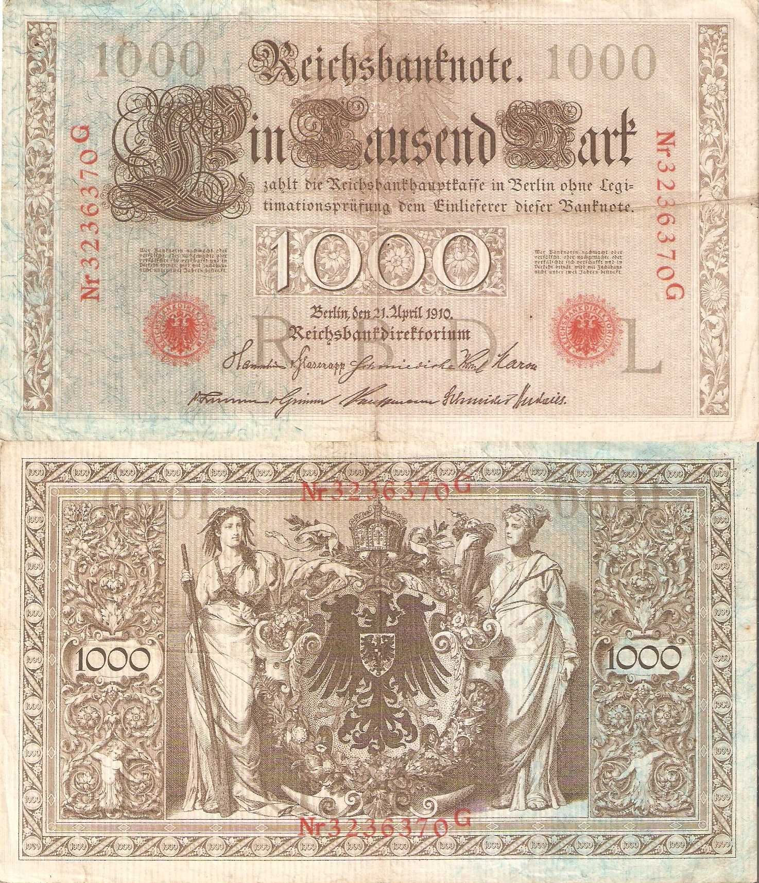 46. Stary banknot. 1000 Marek 1910, wersja czerwona