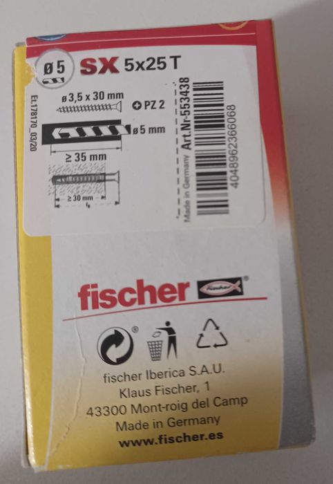 Bucha de expansão SX 5 x 25 S com parafuso - fischer - 40 unidades