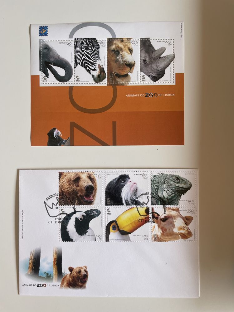 Selos e folha de bloco Animais do Zoo de Lisboa 2001