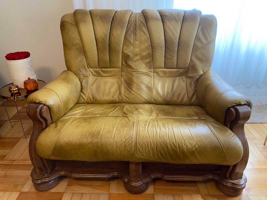 Zestaw wypoczynkowy skóra (1 + 2 +3) dąb + jasny brąz