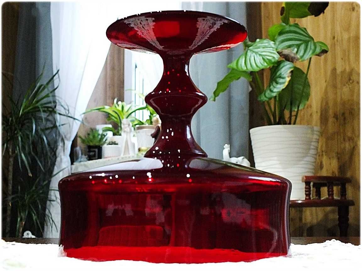 Rubinowa Patera szklana na nóżce Vintage z lat 60-70' PRL